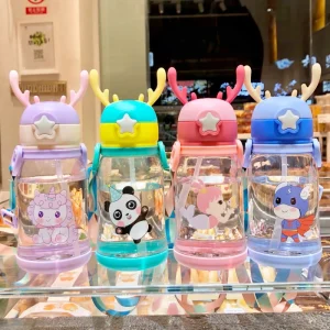 500ml Plastic Kids Children Cute Cartoon Strap Kindergarten Primary School Student Cup Water Bottle with Straw