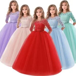 6 14 Years Flower Lace Dress Girls Clothes Princess Party Pageant Long Gown Kids Dresses for Girls Wedding Evening Clothing
