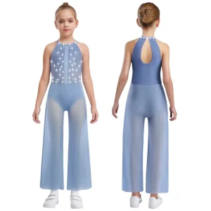 6-16 Kids Girls Bodysuit Dancewear Wide-Leg Dance Jumpsuit with Built-In Briefs Performances Stage Shows Dance Classes