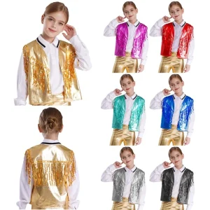 6-16 Kids Girls Waistcoat Metallic Vest Jacket Stage Performance Costumes for Birthday Party Dance Competition School Show