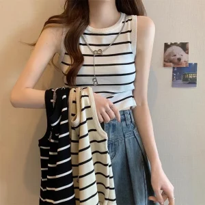 6080# Women Knitwear O-neck Pullover Knit Blouse Tops T-shirt Girls Sleeveless Stripe Knitted Slim Casual Sweater