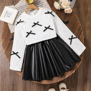 8-12 Year Old Girls’ Clothing Set Autumn New Sweet and Stylish Bowknot Long Sleeve Top and Skirt Two-Piece Set