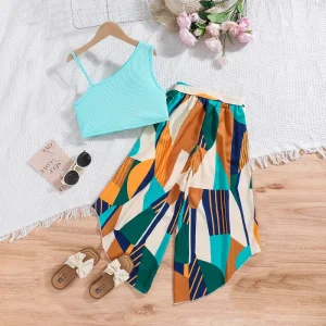 8-12Y Teens Girls Clothing Sleeveless Off-shoulder Cropped Vest Irregular Pants Girls Clothing Sets Kids Clothing
