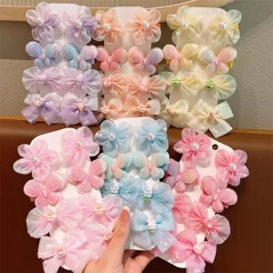 8 Pcs Set Summer Candy Colored Flower Bowknot Children’s Hair Clips Princess Super Fairy Gauze Bangs Clips Girls