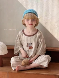 95.1% Lyocell Kids Pajamas Set Breathable Children Sleepwear Half Sleeve 7 Point Pants Unisex Boys Girls Pullover Homewear PJs