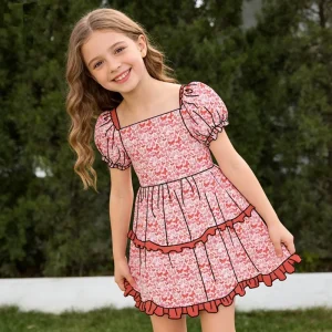 A Double layer Cotton Dress in a Cute Girl Style for the Summer of with a square Neckline and Printed Design
