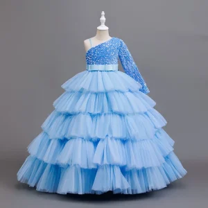 A sequined single shoulder design halter sleeveless dress for girls a children’s princess dress for banquets