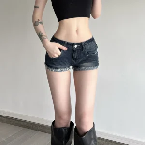 American Retro Washed Blue Shorts Summer Slim fit Sexy Frayed Patchwork Hot Pants for Girls
