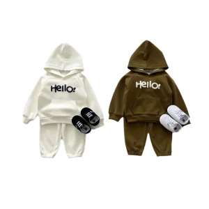 Angou Children’s Autumn Casual Cotton Hooded Sweatshirt & Long Pants Two Piece Set for Boys and Girls