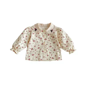 Angou Spring Autumn Kids Girls Lovely Floral Printed Sweet Cotton Long Sleeve Ruffled Collar Blouse Baby Princess T Shirt