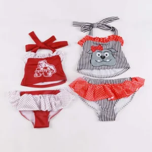 Animal Mascot Print Girls Swimsuit Toddler Kids Sleeveless Soft Neck Two-Piece Ruffle Skirt Swimwear