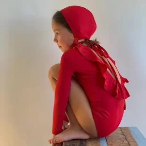 Anti-UV Red Color Cute Ruffled Adjustable Neck Tied Custom Design Long Sleeve One Piece Kid’s Swimwear Swimsuit Girls Beachwear