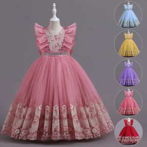 Applique Sleeveless Puffy Dresses Long Ball Gown Kids Wedding Party Dress Floral Embroidery Tulle Dress for Girls