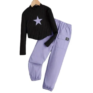 Autumn 2 Piece Girl Clothing Set Long Sleeved Black Knitted Top & Casual Long Loose Pants Solid Pattern for 13 14 Years