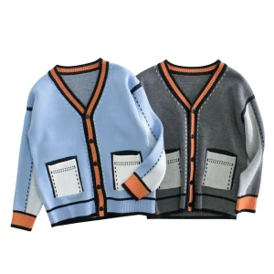 Autumn Baby Boys Casual V Neck Jumper Long Sleeve 100% Cotton Cardigan Sweater Coat with Print Pattern Toddler Kids Clothes