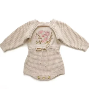 Autumn Baby Crawling Suit Knitted Long Sleeve Triangle Snap Bodysuit Embroidered Knit Jumpsuit for Infant Baby Girl