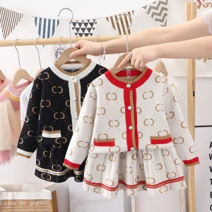 Autumn Baby Girl Children’s Casual Print Sweater Cardigan Set Woolen Fabric Breathable Coat