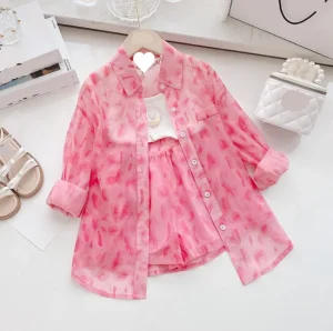 Autumn Baby Girls Pink Striped 2-Piece Breathable Spring Kids Fashion Love Sling Vest Shirts Casual Clothing Suit