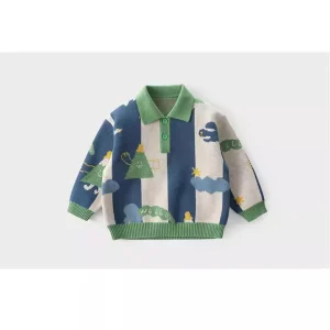 Autumn Boy Sweater Turn Down Collar Pullover for Kids Knitted Polo Top in Cotton Baby Sweater