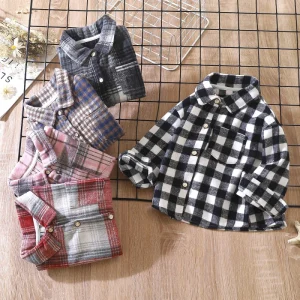 Autumn Boys Plaid Long-Sleeved Shirts Retro Color-Blocked Cardigan Lapel Tops Jackets Casual Style Shirts