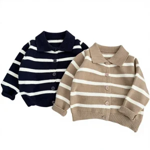 Autumn Boy’s Striped Sweater Coat for Boy Long Sleeve Cardigan Knitted with Button Lapel Knitwear Clothes
