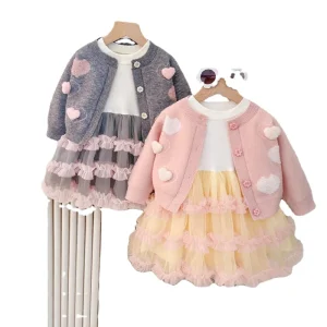 Autumn Casual Breathable Baby Dress Sweater Cardigan Two-Piece Set Girls Clothing Set