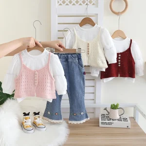 Autumn Casual Style Clothing Set for Girls 0-5 Years 3 Pieces Cotton Sweater Vest & Denim Long Trousers