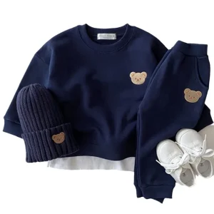 Autumn Children Long sleeved Cotton Cartoon Bear Round Neck Sweater and Pants Two piece Children’s Girl Set