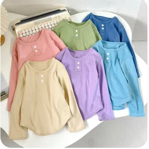 Autumn Children’s Base Layer Round Neck Long Sleeve Top Thermal Underwear Outerwear Girls Boys Polyester Terylene Ribbed