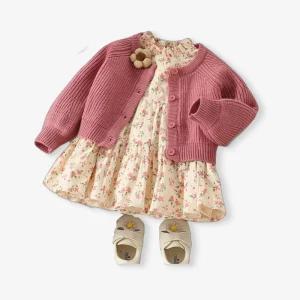 Autumn Children’s Knitted Casual Cardigan Kid Warm Sweater Floral Dress Baby Girls Clothing Sets