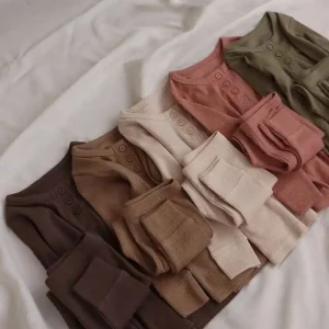 Autumn Children’s Pajamas Suit Cotton Boys Girls Long Sleeved Top Trousers 2 Sets Sleepwear Solid Color Kids Clothing
