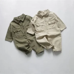 Autumn Children’s Work Jumpsuit with Pockets Long-Sleeved Cotton Clothing for Kids Breathable Custom Logo for Baby Boys Girls