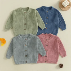 Autumn Coat Kids Knitting Jacket Tops Solid Color Knitwear Cotton Long Sleeve Girls Boys Sweater