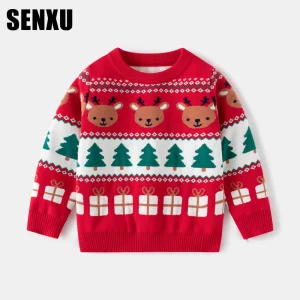 Autumn Cotton O Neck Christmas Reindeer Intarsia Anti Pilling Pullover Knitted Sweater for Boys