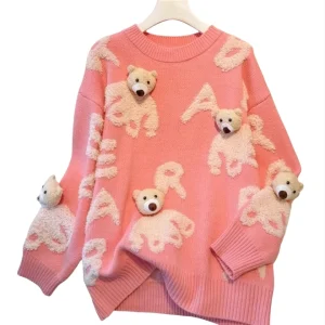 Autumn Custom Fashion Girl Selling Round Neck Long Sleeve Cartoon Cute Bear Print Knit Christmas Sweater Female