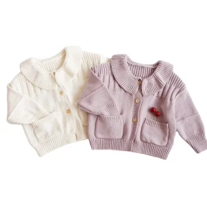Autumn Cute Baby Girl Warm Soft Cotton Pure Color Hand Knit Lozenge B Sweater Button Cardigan Kids Clothing