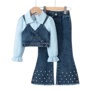 Autumn Girls’ Clothing Set Long Sleeved Shirt Vest Denim Pants 3 Piece Set Fashionable Children’s Clothing