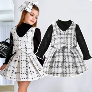 Autumn Girls Clothing Sets Winter Kids Lace Top Plaid Skirt 3Pcs Dress Set Children’s Clothing for Girls