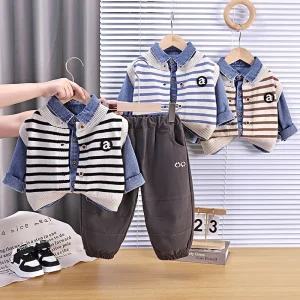 Autumn Kids Boys Cotton Outfit Set Striped Vest Three-Piece Set Stylish Trendy Baby Boys Children’s Suit