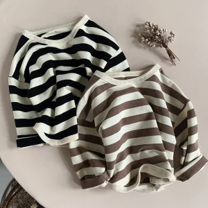 Autumn Kids Eco-Friendly Loose Striped T-Shirt Spandex Cotton Oversize Top Long Sleeves 180g Casual Boys Girls Washed Technique