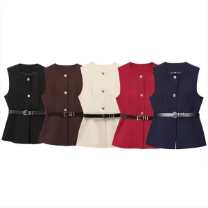 Autumn Ladies Vest Belted Long Vest Retro Casual Sleeveless Round Neck Elegant Female Vest