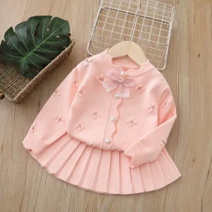 Autumn New Cute Girl Baby Cardigan and Skirt Set Casual Solid Style Knitted Sweater Set for Kids