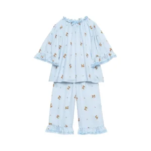 Autumn Pink Custom Girls Pajamas Set Long Sleeve with Bow Print Lace Collar Shrink Design Kids Sleepwear Suit