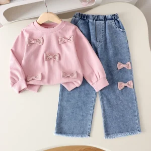 Autumn Spring Girls’ Suit 2-7Y Girl Long-Sleeved Bow Shirt Two-Piece Clothes Set