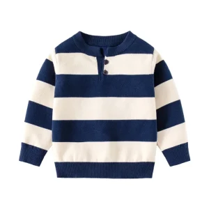 Autumn Spring Korean Style Boys’ Sweaters for Children Versatile Striped Knitted Design Trendy Half Open Collar Button Sweater