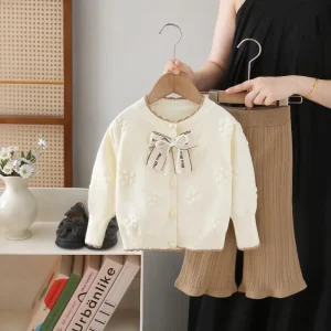 Autumn Style Small Shabby Chic Two Piece Set for Little Girls New Online Popular Children’s Casual Solid Sweater Coat