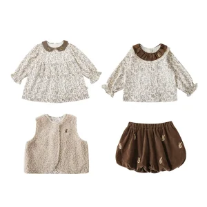 Autumn Suit New Arrival Wool Vest Baby Girls Blouse Long Sleeve Dresses Corduroy Shorts Kids Girls Sets
