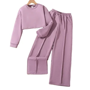 Autumn Teenager Girls Sport Clothes Sets Long Sleeve Short Top Pullover Sweatshirt Pants Simple Outfits for 8 12 Year Kids