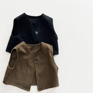 Autumn Toddler Sleeveless Vest Kid Boy Solid Color Casual V-neck Jacket Children Cotton Clothes