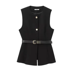 Autumn Wear a Belt Tank Tops Vintage Sleeveless Female Waistcoat Chic Women Tops